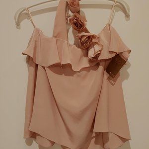 ALI RO ASYMMETRIC HALTER TOP 3-D SILK FLOWERS 6